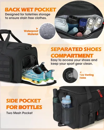 Vista 6 de RAINSMORE Bolsa de gimnasio para hombres, bolsa de viaje deportiva de 45 litros con compartimento para zapatos y laptop, mochila de entrenamiento