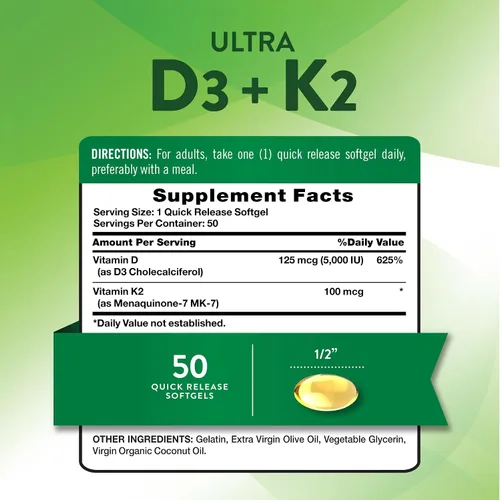 Vista 2 de Nature's Truth Complejo de vitamina K2 MK7 100 mcg 50 cápsulas blandas con D3 Suplemento sin OMG y sin gluten