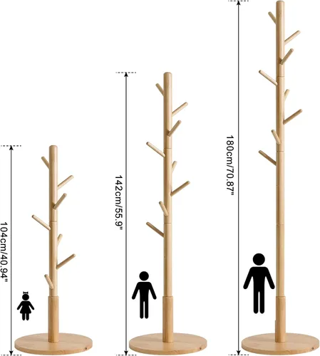 Vista 7 de IBUYKE Perchero de madera, 8 ganchos, 3 opciones de altura, natural WD-115 Round Base Coat Hanger,Easy Assembly,Clothes Rack for Hallway Entryway