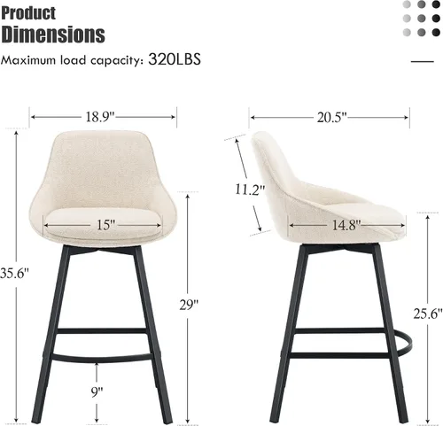 Vista 2 de Flouki Juego de 2 taburetes giratorios para mostrador, taburetes de bar beige para isla de cocina, sillas de barra de tela de lino modernas, base