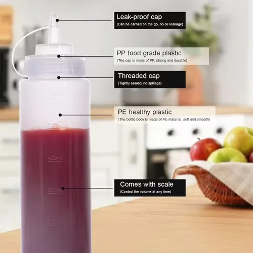 Vista 3 de Paquete de 3 botellas de condimento de plástico de 24 onzas con tapas de tapa, perfectas para condimentos, aceite, salsas, glaseado y líquidos