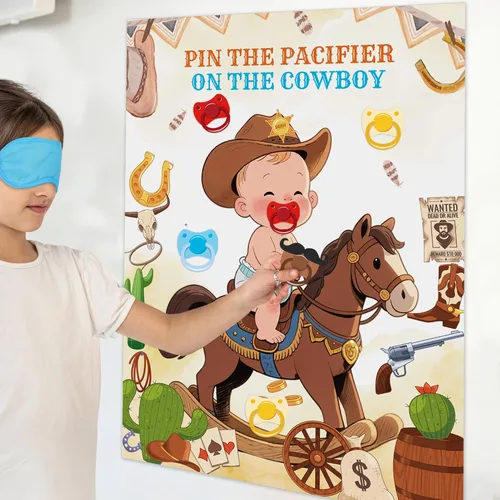 Vista 4 de GLURUITE Pin The Chupete On The Cowboy Baby Shower Juego incluye póster grande, 24 calcomanías para chupete, juego para vendar los ojos