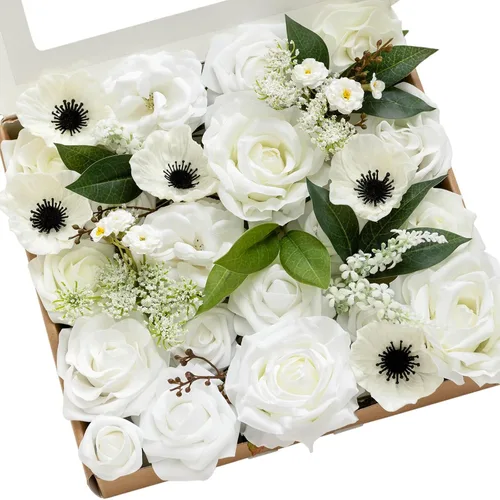 Vista 11 de Ling's moment Caja de flores artificiales, tallos de follaje artificial falso, rosas de espuma, dalia de seda, hierba de pampas, flor de tela