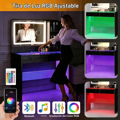 Vista 7 de Escritorio de tocador con espejo y luces, mesa de tocador de maquillaje con parte superior de cristal, tira de luz RGB, brillo ajustable, 2 cajones