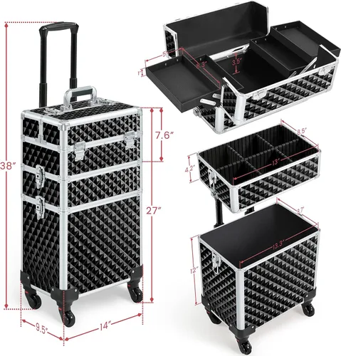 Vista 3 de Yaheetech Estuche de tren de maquillaje rodante 3 en 1, organizador de gran capacidad con ruedas giratorias, carrito cosmético para llaves para Negro