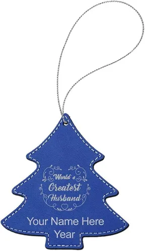 Vista 2 de LaserGram Personalized Christmas Ornament, World's Greatest Husband, Faux Leather, Custom Laser Engraved Gift Idea (Tree Shape, Dark Blue)