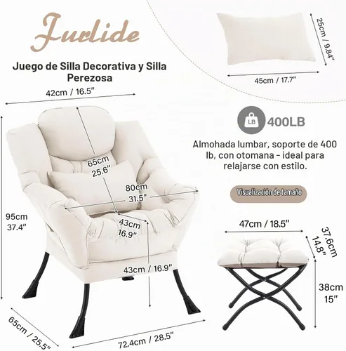 Vista 2 de Furlide Silla Perezosa con Otomana, Cómoda Silla de Salón con Brazos de Tela Acentuada con Almohada Lumbar y Reposapiés Plegable, Silla Sofá de Beige