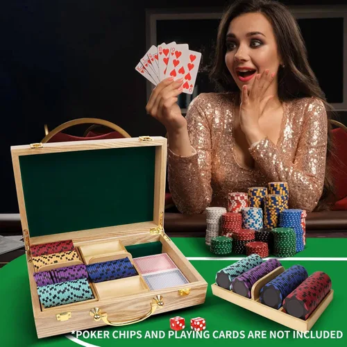 Vista 5 de GSE Games & Sports Expert Estuche de madera para fichas de póquer con 3 bandejas de fichas, capacidad para 300 fichas, soporte para fichas de póquer