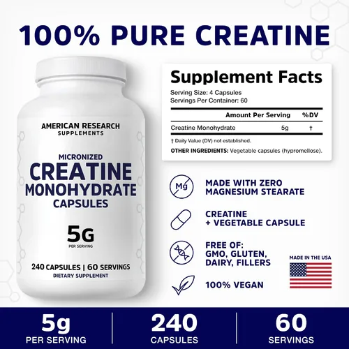 Vista 2 de Cápsulas de monohidrato de creatina 5G 60 porciones Veganas 4 cápsulas por porción Píldoras de creatina micronizada 5000 mg 240 cápsulas