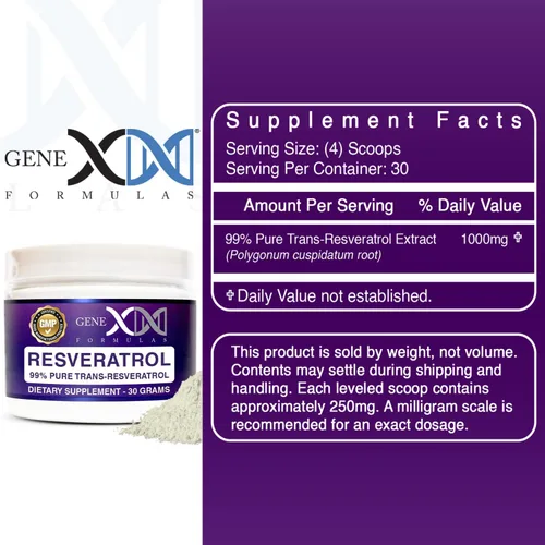 Vista 3 de GENEX Trans Resveratrol 1000 mg en polvo que sirve 99% de grado farmacéutico micronizado puro 30 porciones/1.06 oz 0.04 oz por día suministro