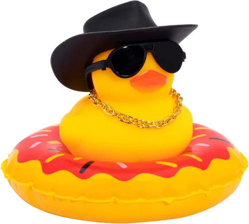 Vista 22 de wonuu Pato de goma para automóvil, decoración de pato amarillo con sombrero para el sol, anillo de natación, collar, gafas de sol para decoración