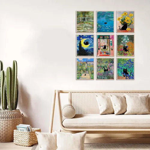 Vista 3 de Kizbok Juego de 9 carteles divertidos de gato negro, impresiones artísticas de pared de gato negro vintage de Monet Matisse Van Gogh, gatos negros