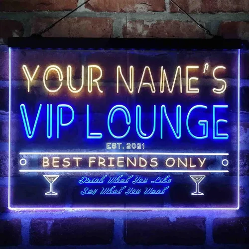 Vista 15 de Letrero de luz de neón LED tricolor personalizado VIP Lounge Bar Personalizar Nombre Fecha Texto Cita Fuente Verde y Rojo y Amarillo 13 x 8.7