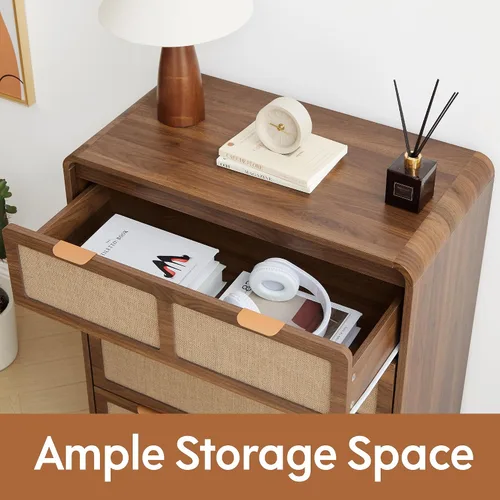 Vista 6 de Cómoda moderna de mediados de siglo para dormitorio con 4 cajones, cómoda de 35 pulgadas de alto con lino natural, cómoda de madera curvada
