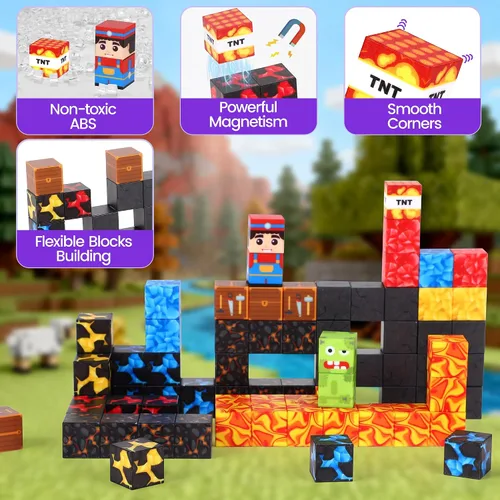 Vista 6 de SYSKENI Juego de 35 Bloques Magnéticos de Viaje, Mini Bloques Magnéticos Juguetes de Viaje para Niños de 3-5 y 4-8 Años, Cubos Magnéticos Portátiles