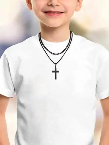 Vista 6 de Bestyle Collar de cruz simple para hombre, cadena de acero inoxidablenegrooro para hombres con colgante de cruz, regalos de bautismo religioso