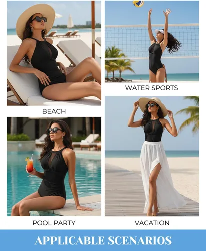 Vista 5 de Tempt Me - Traje de baño de una pieza para mujer, cuello alto, con malla, fruncidos y control del abdomen