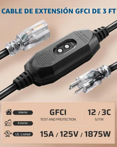 Vista 2 de DEWENWILS Cable de Extensión GFCI Automático de 3 Pies para Exteriores, Cable de Extensión SJTW 12/3 de Servicio Pesado, Cable de Alimentación