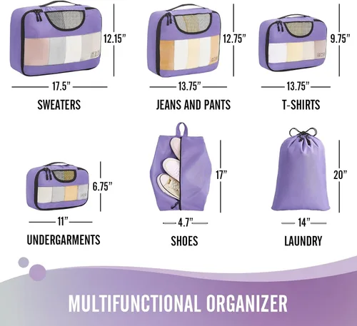 Vista 6 de Veken - Juego de 6 cubos de embalaje para maletas, bolsas organizadoras de viaje para equipaje de mano, juego de bolsas organizadoras de maleta