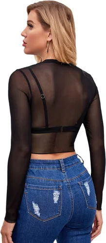 Vista 2 de Verdusa Camiseta básica de manga larga para mujer, de malla transparente