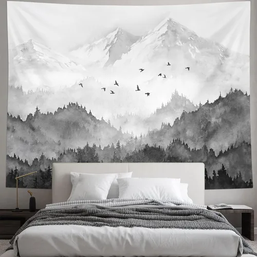 Vista 3 de kampdream Tapiz de bosque de montaña, tapiz de pared con diseño de árbol blanco y negro brumoso, paisaje de acuarela, tapiz de paisaje natural