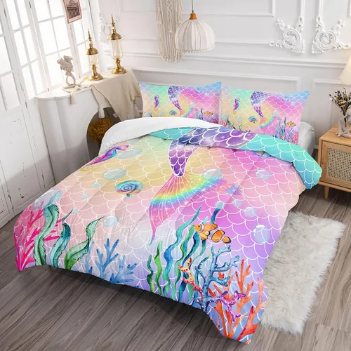 Vista 3 de Datura Home - Juego de edredón de cama con estampado de cola de sirena rosa arcoíris con 1 y 2 fundas de almohada para dormitorio de niñas durante
