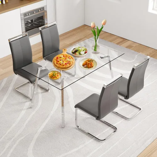 Vista 19 de Juego de mesa de comedor de cristal para 4, mesa rectangular con 4 sillas de cocina de cuero blanco, juego de comedor de cocina de 51 pulgadas, mesa