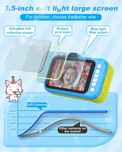 Vista 2 de Cámara para niños Uffylle, selfie frontal de 1080P 48MP, cámara de juguete para niños pequeños con pantalla grande de 3.5 pulgadas, zoom 10X