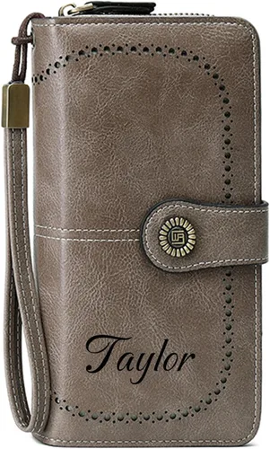Vista 17 de Cartera de pulsera personalizada, carteras con nombre grabado personalizado con bloqueo RFID, gran capacidad, cartera de mano para tarjetas de Cuero