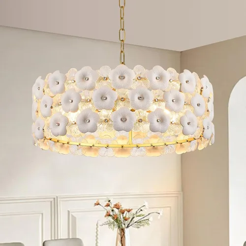 Vista 15 de Lámpara colgante de cristal dorado, paquete de 1 lámpara colgante de techo pequeña con flores modernas, 1 luz para cocina, isla, fregadero, comedor