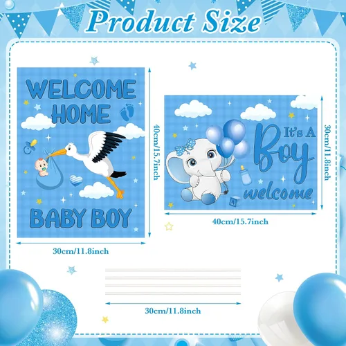 Vista 2 de 2 carteles decorativos de bienvenida para el patio del bebé, niño y niño, con estacas, diseño de elefante azul para baby shower, suministros