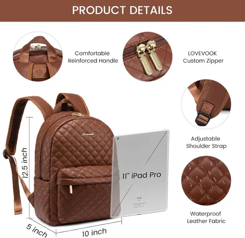 Vista 5 de LOVEVOOK Mochila pequeña acolchada para mujer, mochila de cuero, impermeable, para viajes de trabajo, Marrón, Compacto
