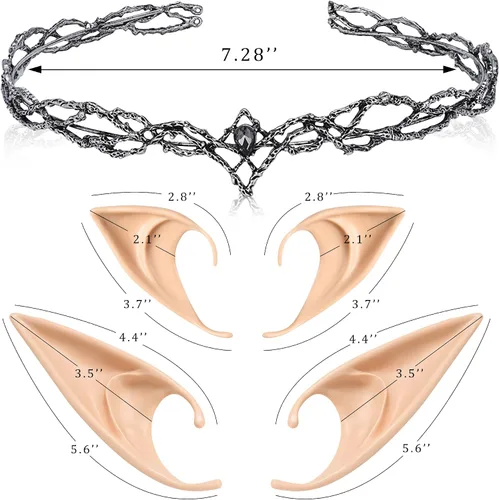 Vista 6 de FRESHME Juego de 2 pares de orejas de elfo con corona de hadas, suaves orejas de elfo con diadema de pixie, kit de tocado, accesorios de disfraz