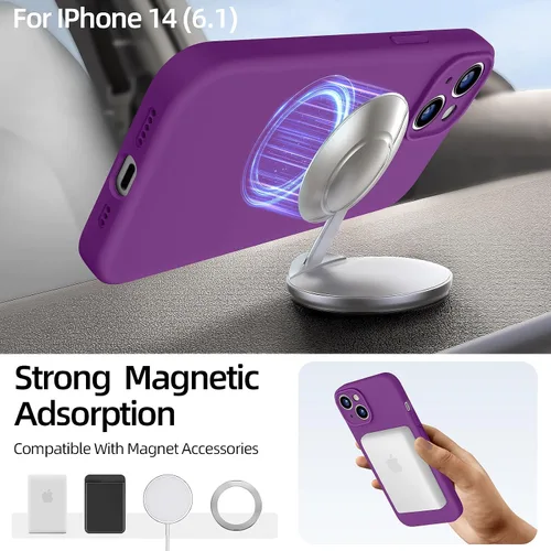 Vista 4 de Dssairo Funda magnética para iPhone 14, con 2 protectores de pantalla, silicona líquida mejorada, protección de cámara mejorada, protección