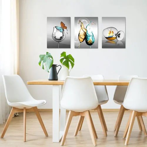 Vista 5 de LyerArtork 3 piezas de lienzo de cocina, arte de pared, copa de vino con mariposa, velero, impresión de imagen sobre fondo gris, pintura moderna