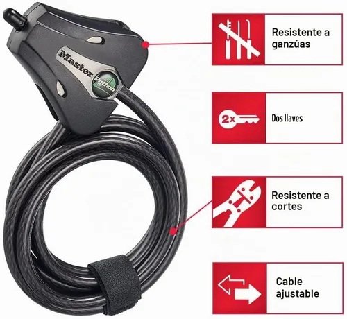 Vista 2 de Master Lock Candado para Bicicleta Python Negro con Llave, Candado de Cable de Metal Ajustable tiene un Revestimiento de Vinilo Resistente a