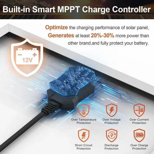 Vista 2 de Cargador y Mantenedor de Batería Solar Impermeable de 12V - Panel Solar Mono de 20 Vatios con Controlador de Carga MPPT Inteligente Integrado +