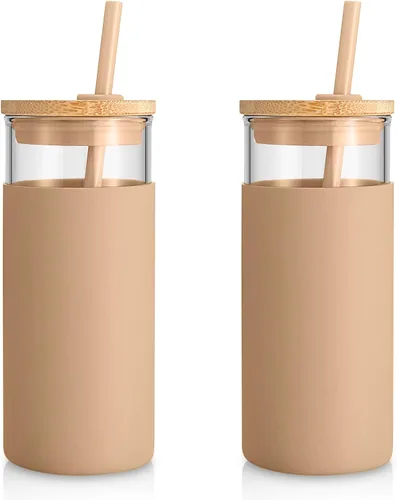 Vista 48 de Tronco Vaso de vidrio de 20 onzas con tapa y popote, taza de café helado y vaso para batido con tapas de bambú y funda protectora de silicona, apto