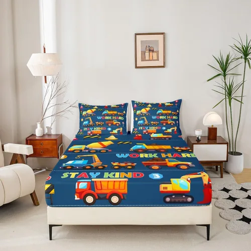 Vista 4 de Manfei Sábana bajera ajustable de dibujos animados para niños, tamaño individual, bonito juego de ropa de cama con excavadora, camión, tractor