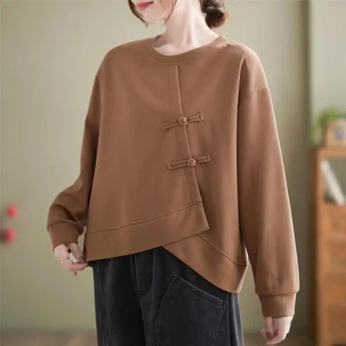Vista 3 de MengXingHe Sudadera con botones de placa de estilo chino para mujer, sudadera con capucha de cuello redondo irregular informal suelta y manga larga