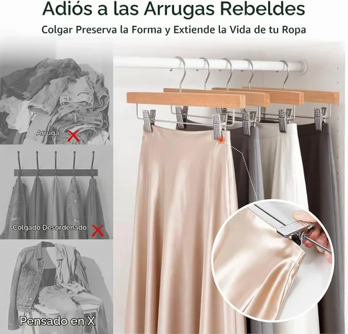 Vista 5 de HOUSE DAY Perchas de madera para pantalones con clips, paquete de 10 Natural