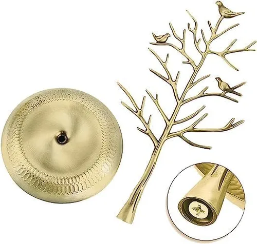 Vista 3 de Soporte de joyería de árbol de pájaros, soporte organizador de aretes, collar, estante organizador de torre con bandeja de metal para anillos