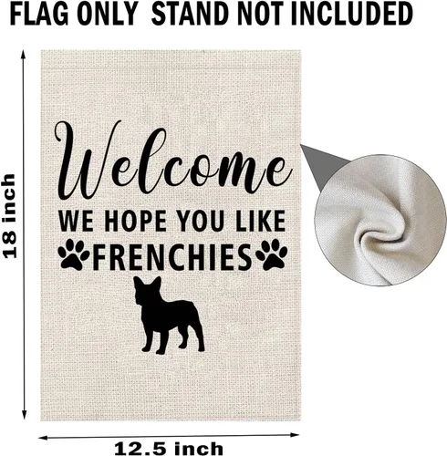Vista 4 de PWHAOO Bandera de jardín de Frenchie Bandera de bulldog francés, bandera de bienvenida con texto en inglés "Welcome We Hope You Like Frenchies F