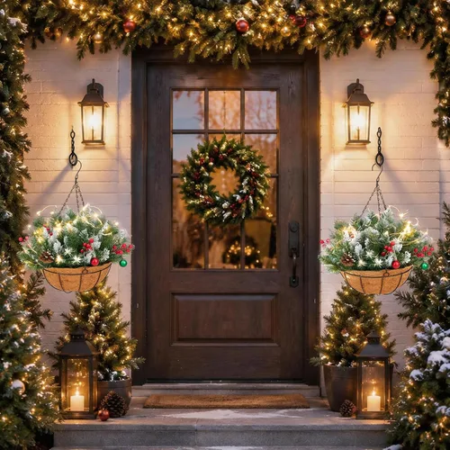 Vista 5 de Cesta colgante de Navidad artificial de 20 pulgadas, paquete de 2 2 cestas de flores de Navidad