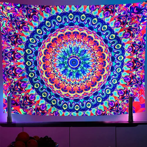 Vista 9 de OSVINO Tapiz de mandala trippy de luz negra, 59 x 51 pulgadas, tapiz de fantasía reactiva a los rayos UV, decoración de pared para sala de estar