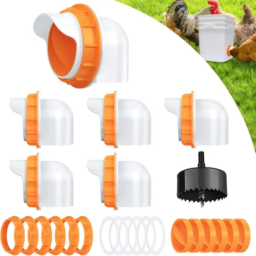 Vista 8 de Comedero automático para gallineros sin residuos, 6 puertos con tapa, resistente a la intemperie, reutilizable, gravedad, sin derrames, kit