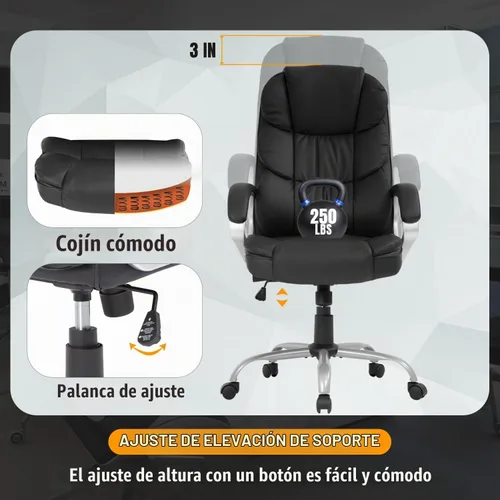 Vista 5 de Silla de oficina ergonómica con respaldo alto de cuero para oficina y escritorio de computadora O10, Negro