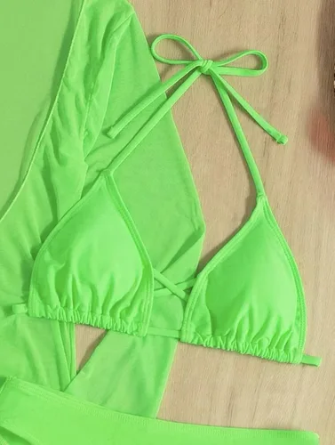 Vista 5 de SherryDC Traje de baño sexy de 3 piezas para mujer, conjunto de bikini triangular con cuello halter y manga larga, traje de baño con cordón