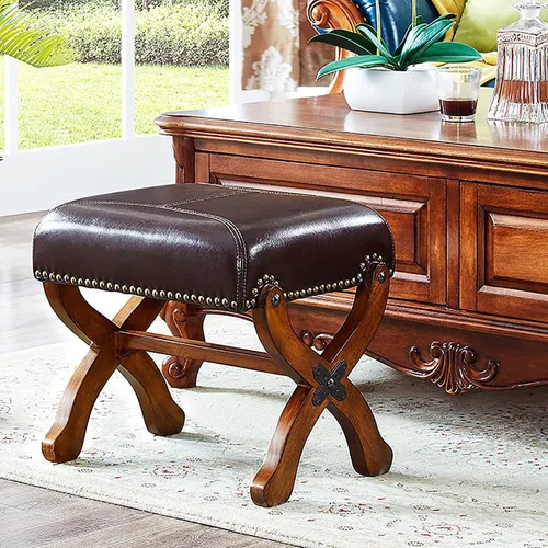 Vista 2 de Reposapiés de cuero, otomano de madera, asiento rústico para pies, reposapiés de madera, reposapiés rectangular pequeño otomano para sala de estar