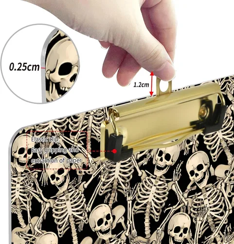 Vista 3 de ALAZA Fun Skeletons - Portapapeles de acrílico tamaño carta A4 con clip de perfil bajo para oficina en casa, hombres y mujeres, clip de color dorado